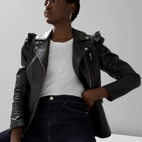 WHBM $500 Genuine Leather Motorcycle Moto Jacket Ruffled Shoulders M - Picture 8 of 12